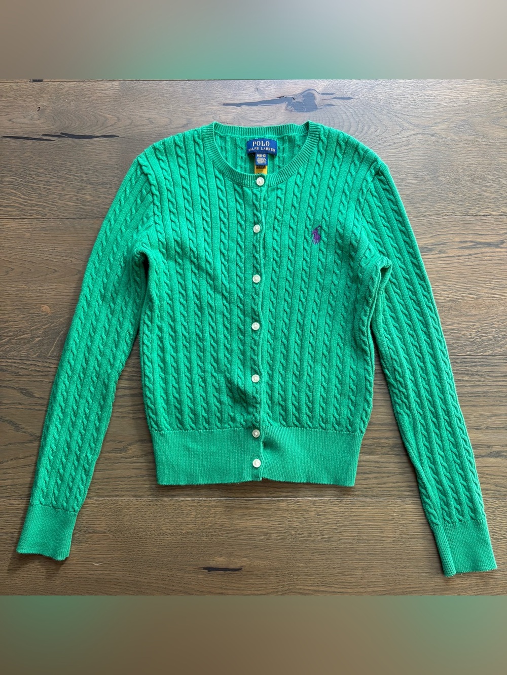 Polo Ralph Lauren Mini-Cable Cardigan Sweater 100% Cotton In Green Girls M(8-10)